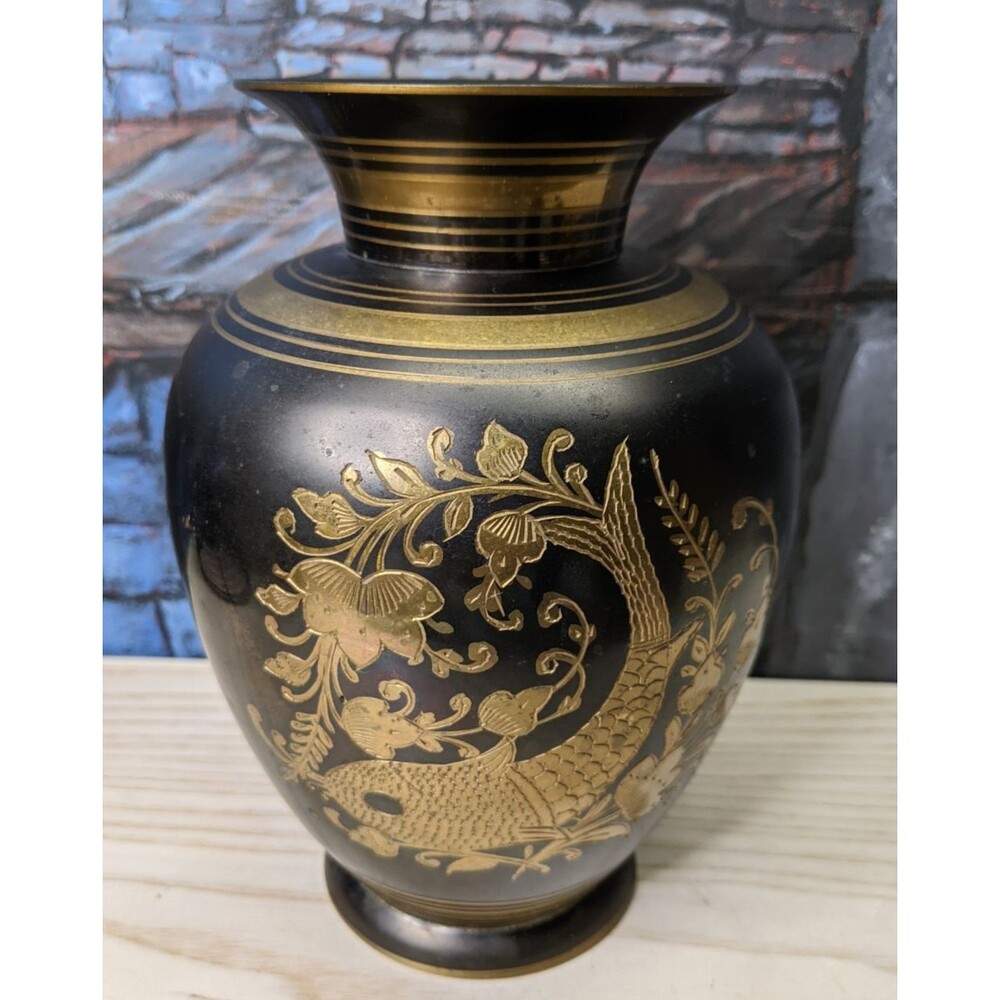 Solid Brass Black Gold Etched Design Fish Floral  8" Vase Ethnic Boho VTG 1960s